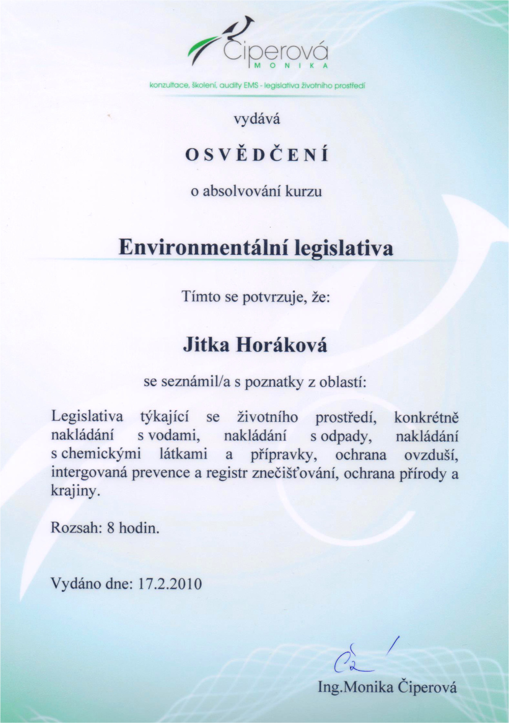 Osvědčení v enviromentální legislativě