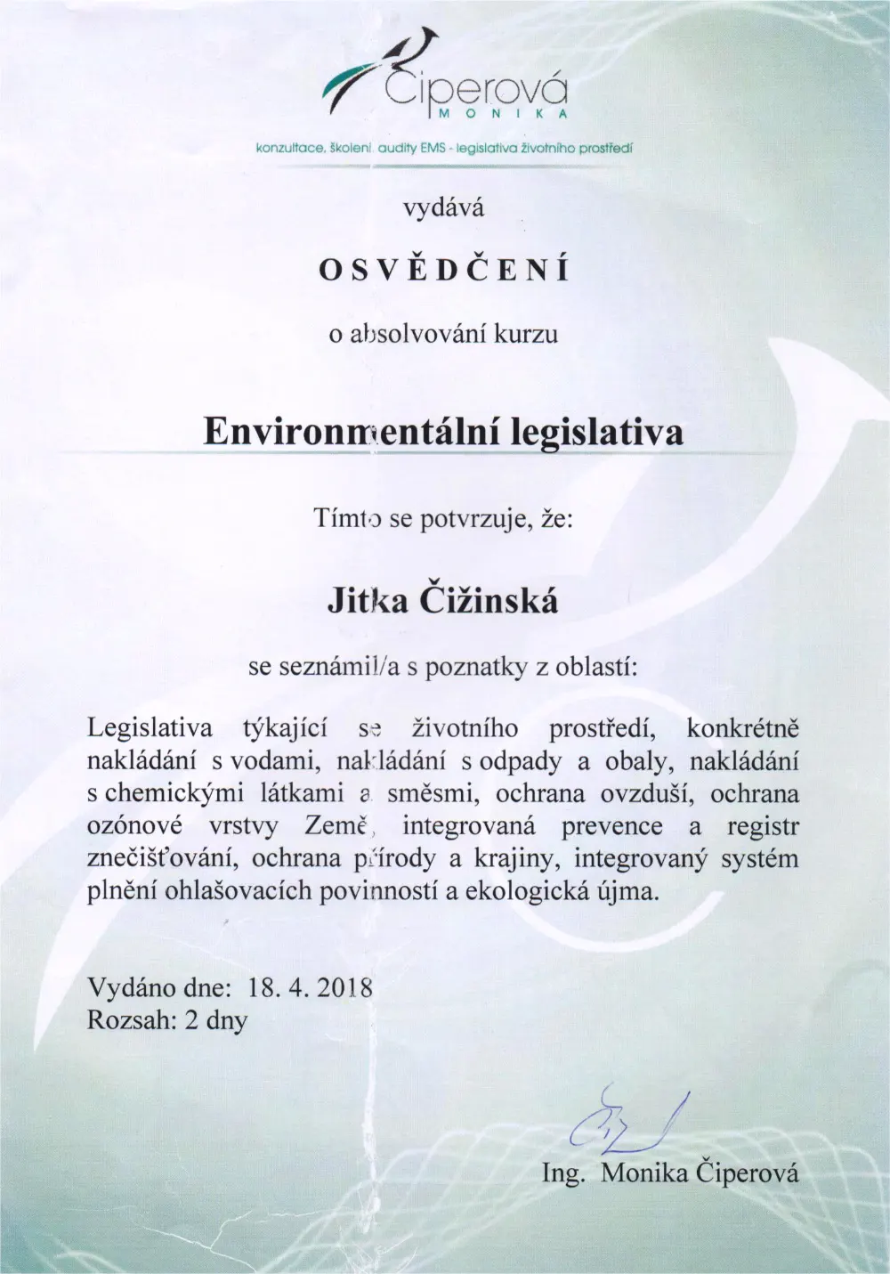Osvědčení v enviromentální legislativě