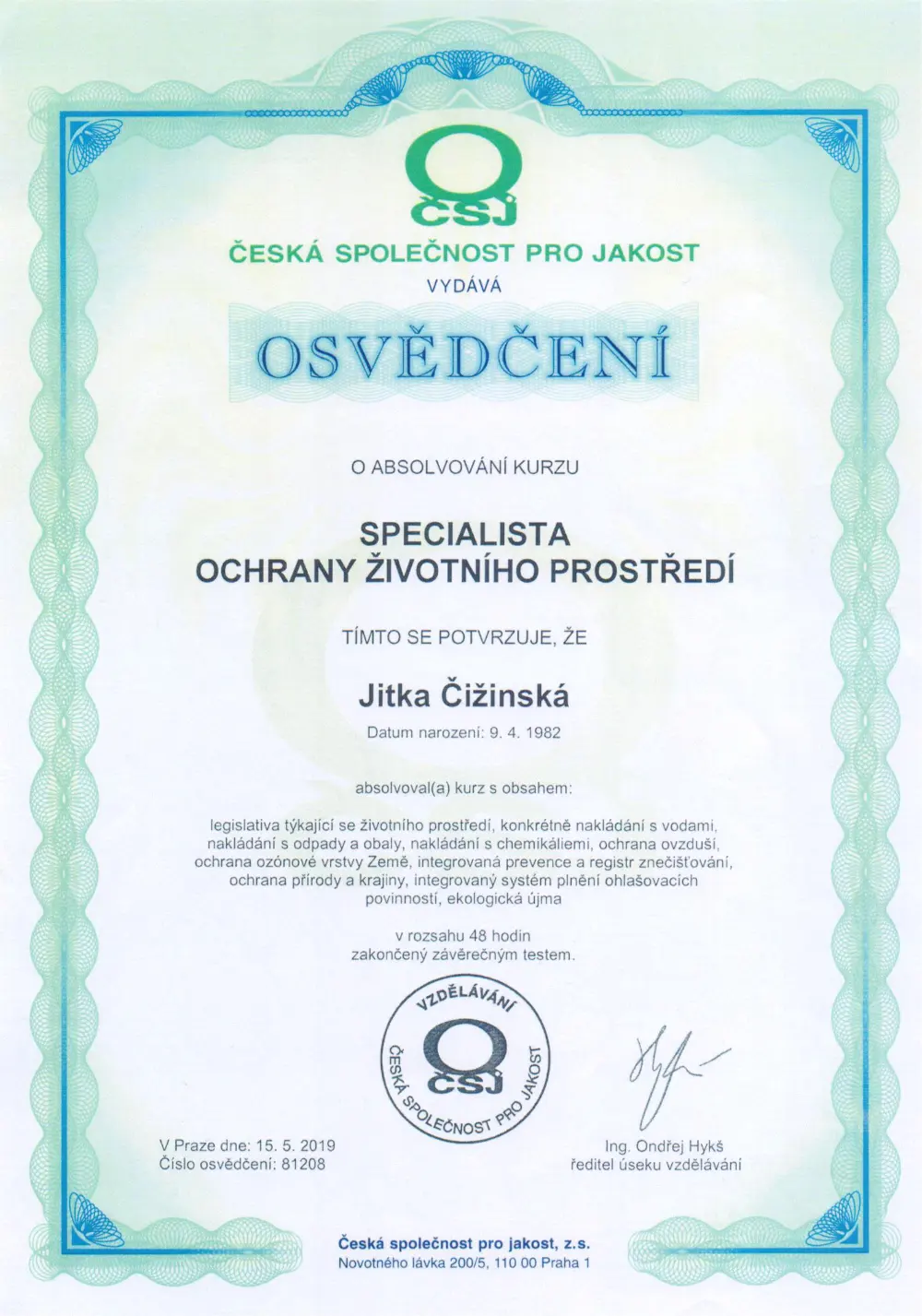 Osvědčení v enviromentální legislativě