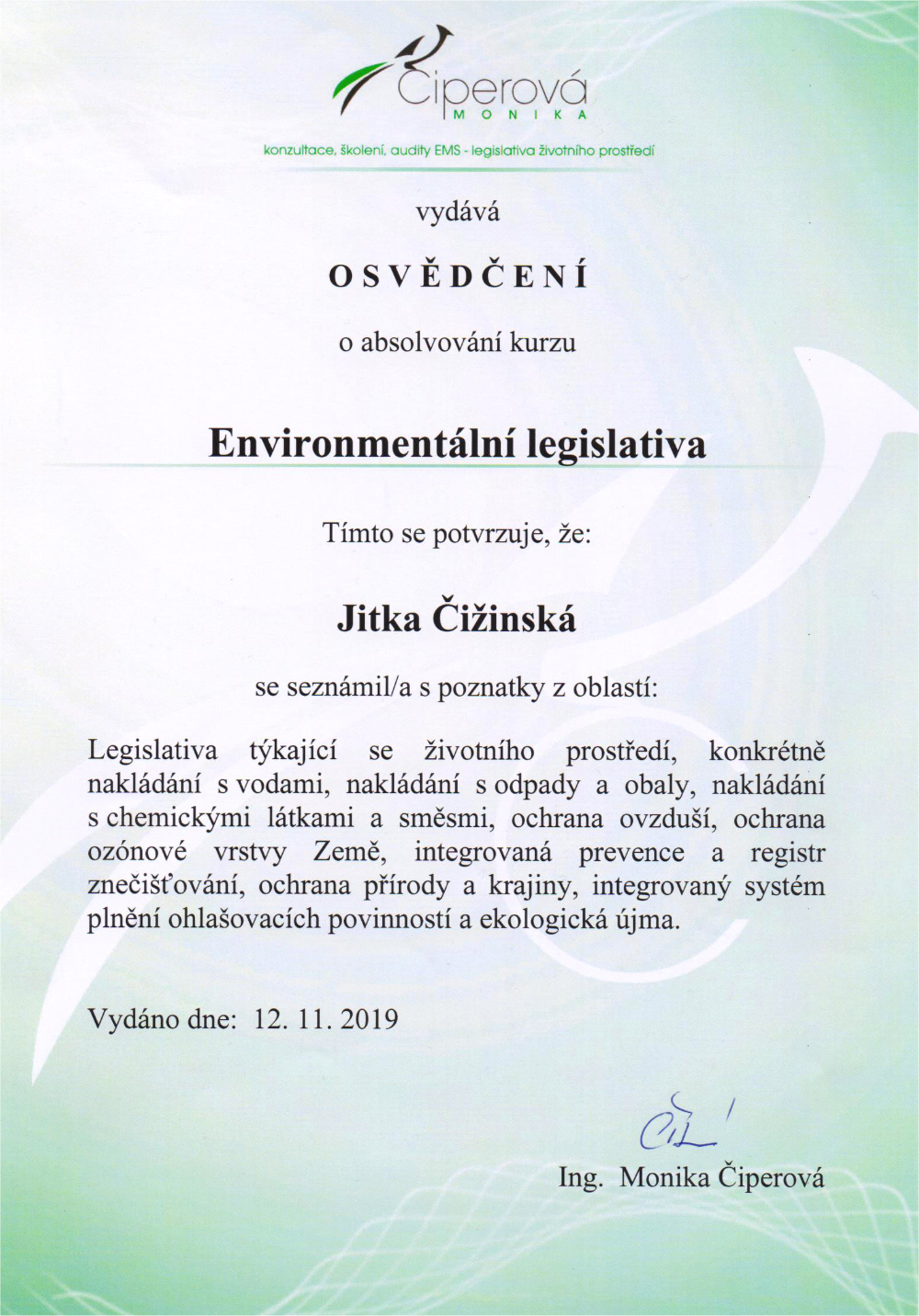 Osvědčení v enviromentální legislativě