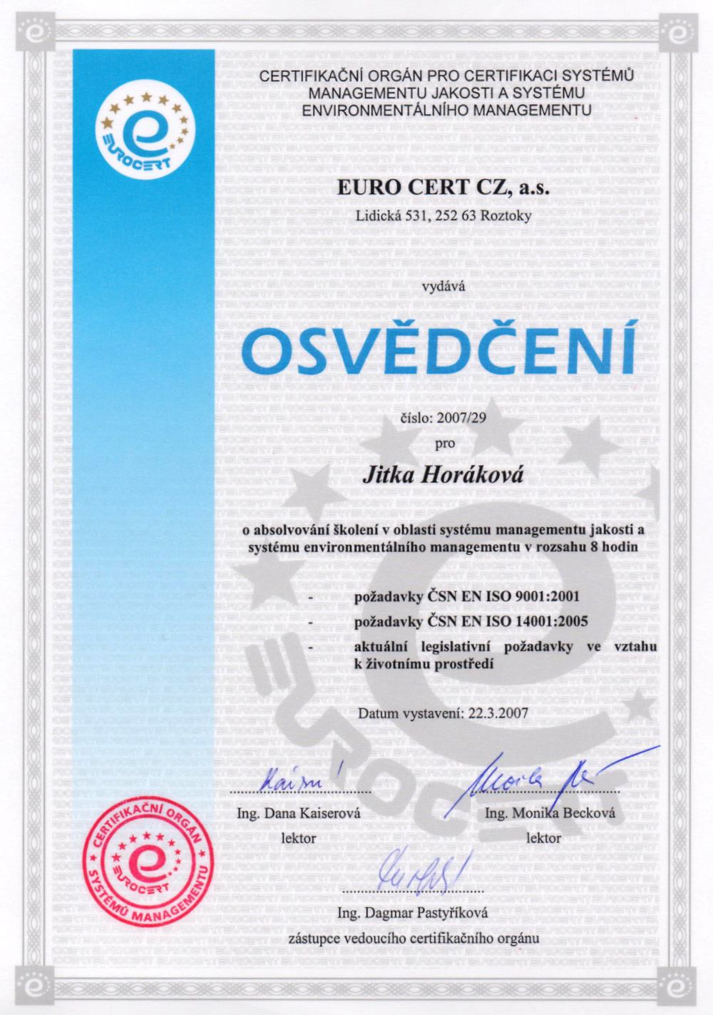 Osvědčení v enviromentální legislativě