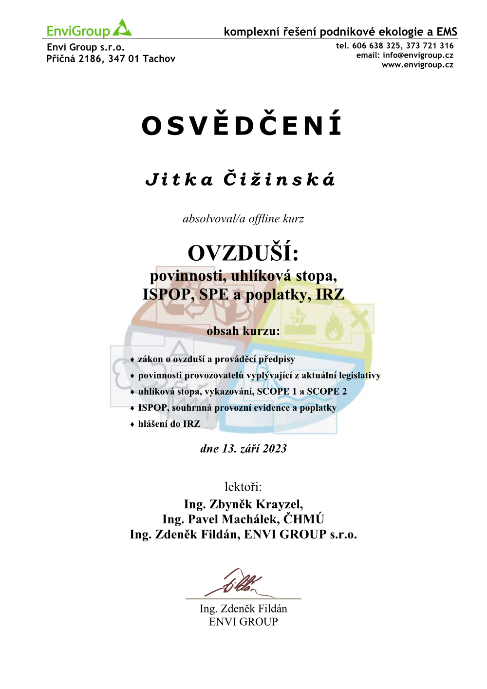 Osvědčení v enviromentální legislativě