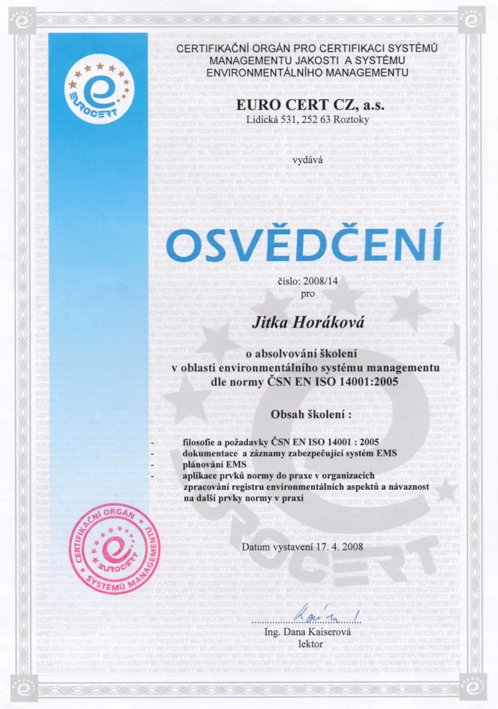 Osvědčení v enviromentální legislativě