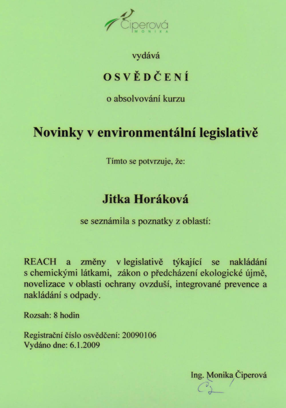 Osvědčení v enviromentální legislativě